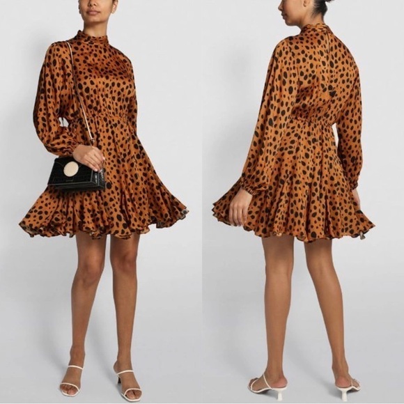 Rhode Dress Caroline Satin High-Neck Long Sleeve Ruffle Leopard Cheetah Print L - Picture 1 of 16